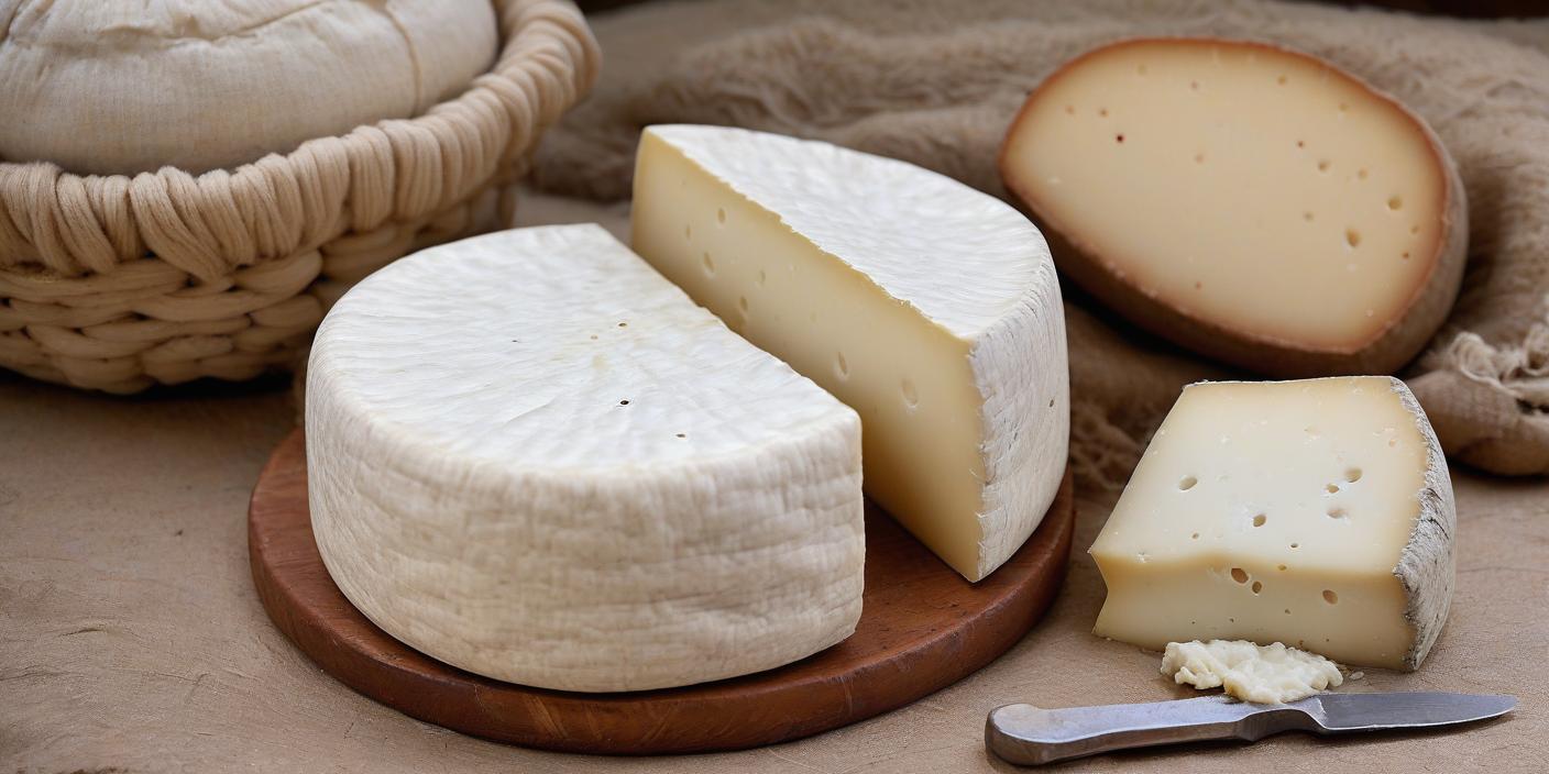 Round block of fresh cheese with a wedge cut out, placed on a wooden board. BookOfFoods