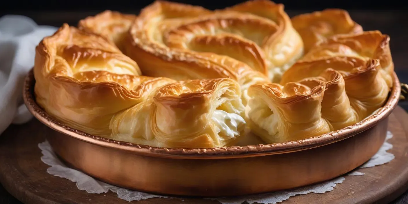 Golden, spiral-shaped flaky pastry baked in a round tray. BookOfFoods