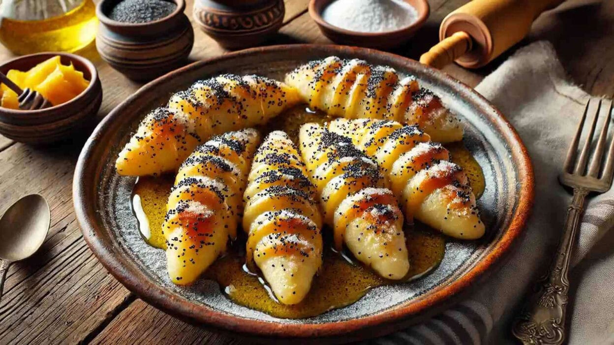 Golden roasted potatoes sprinkled with poppy seeds and served on a rustic plate. BookOfFoods