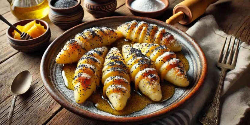 Golden roasted potatoes sprinkled with poppy seeds and served on a rustic plate. BookOfFoods