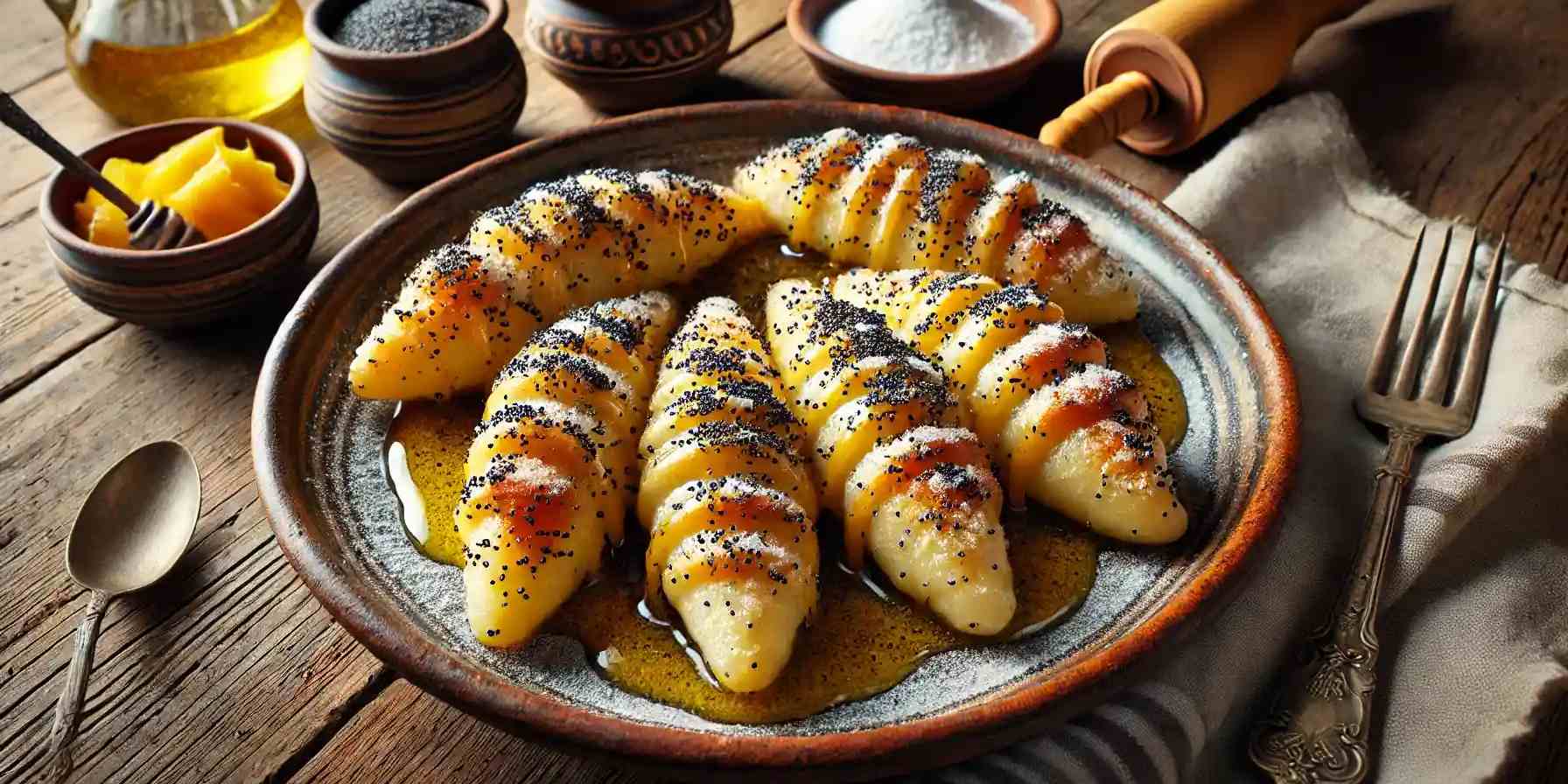 Golden roasted potatoes sprinkled with poppy seeds and served on a rustic plate. BookOfFoods