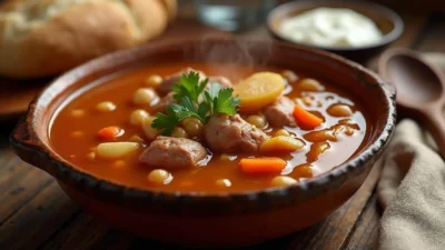 Traditional Slovak bean soup (Fazuľová Polievka) in a deep plate. Hot, rich broth with beans, pieces of smoked pork knuckle, potatoes and carrots, garnished with fresh herbs. Nearby is a wooden spoon, crusty bread and a bowl of sour cream.