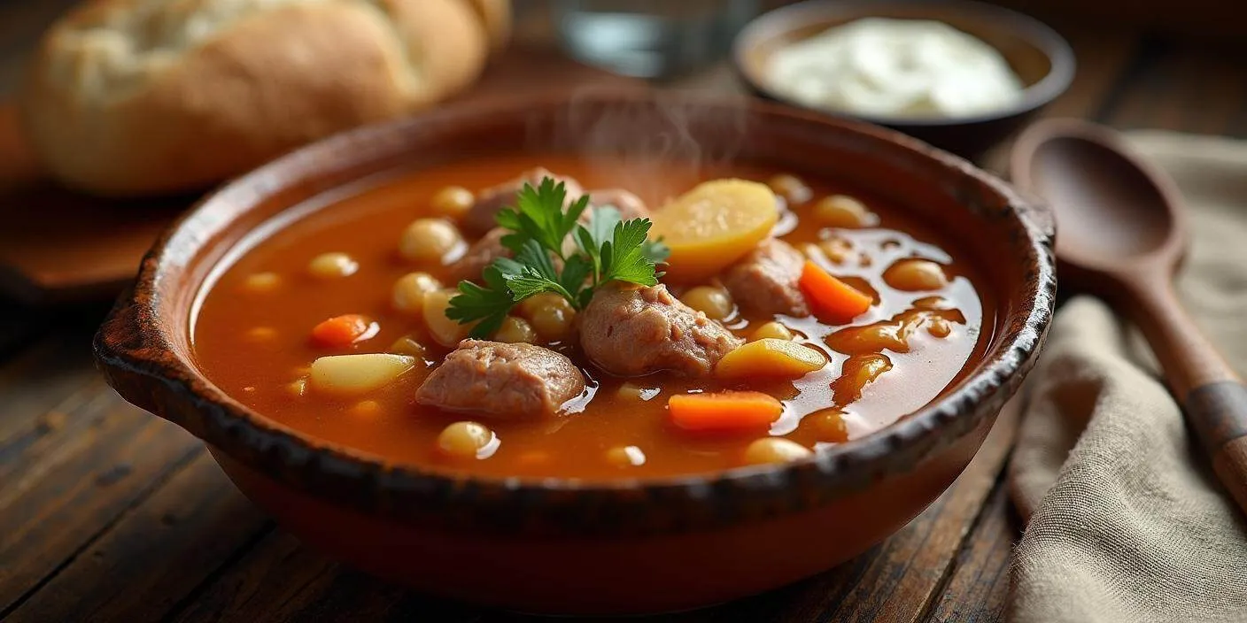 Traditional Slovak bean soup (Fazuľová Polievka) in a deep plate. Hot, rich broth with beans, pieces of smoked pork knuckle, potatoes and carrots, garnished with fresh herbs. Nearby is a wooden spoon, crusty bread and a bowl of sour cream.