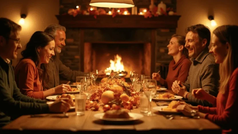 Cozy family dinner by the fireplace – A warm, inviting dining scene with a family gathered around a feast, enjoying a meal by a glowing fireplace.