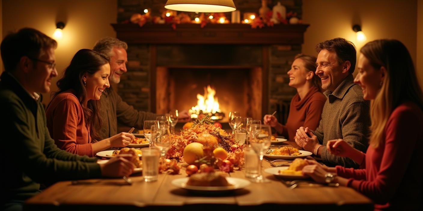 Cozy family dinner by the fireplace – A warm, inviting dining scene with a family gathered around a feast, enjoying a meal by a glowing fireplace.