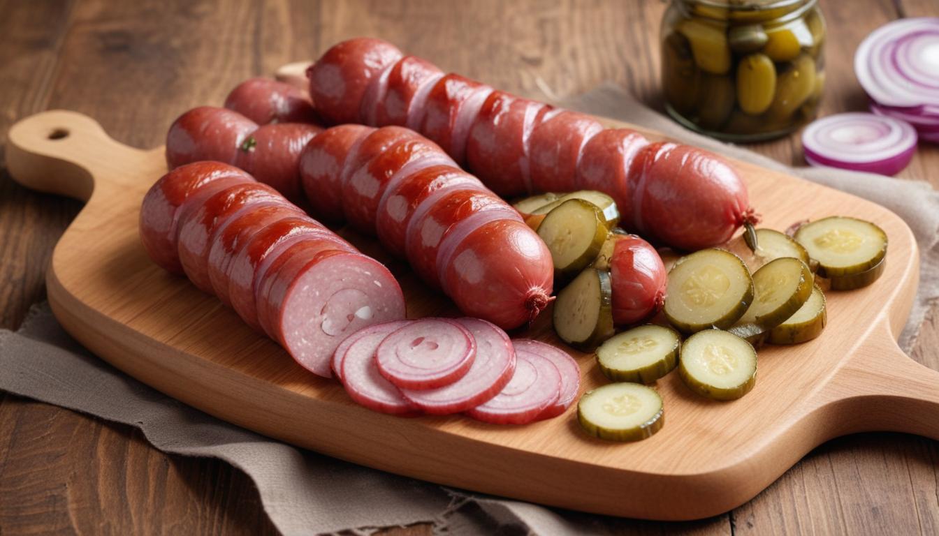 Smoked sausages with pickles and onions – A rustic charcuterie board featuring smoked sausages, sliced onions, and pickles.