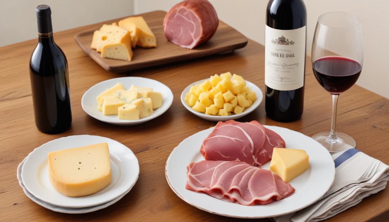 Charcuterie board with cheese and wine – A gourmet spread of sliced cured meats, cheeses, and a bottle of red wine, served on a wooden table.