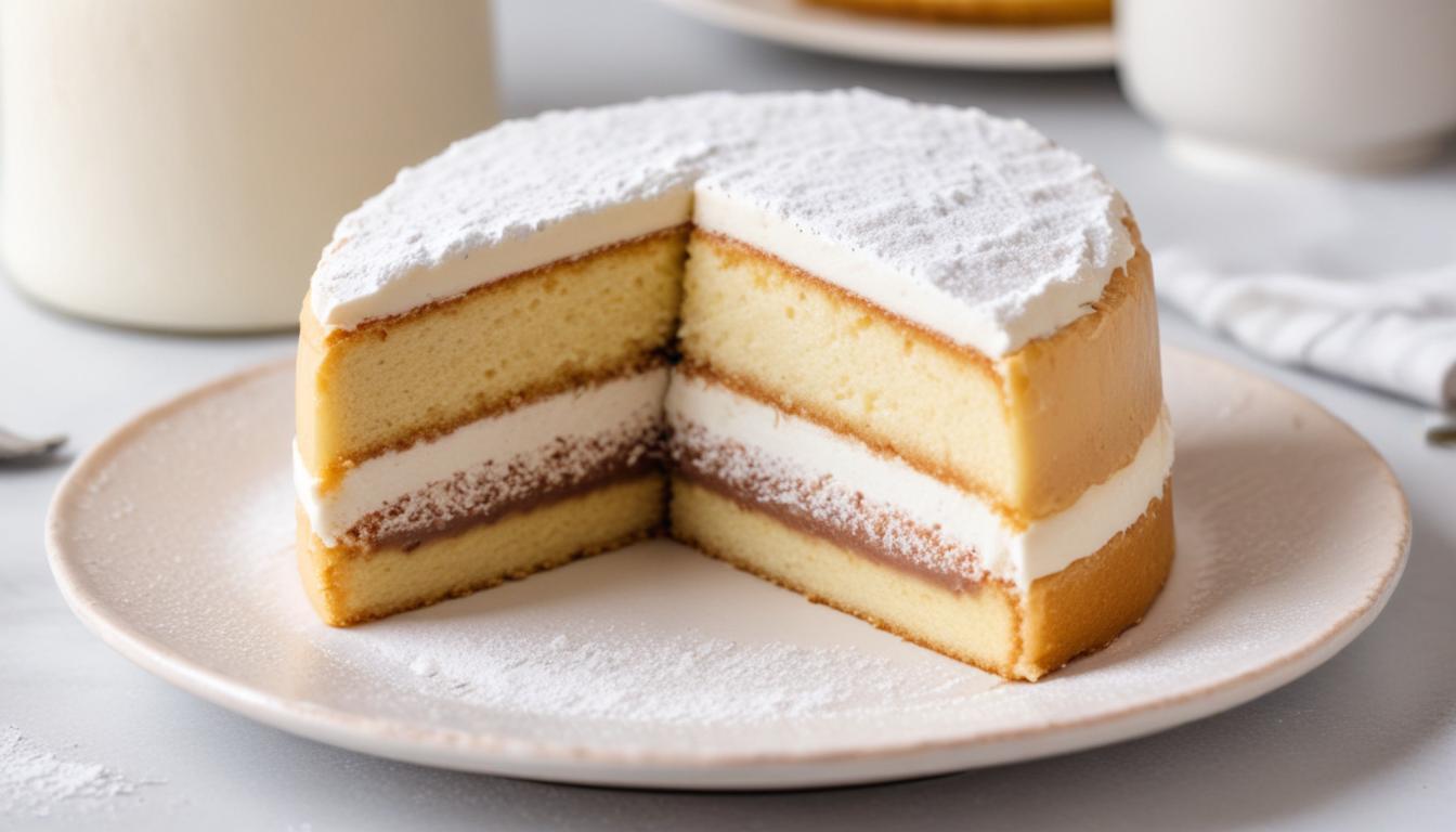 Layered sponge cake with powdered sugar – A beautifully layered sponge cake with creamy fillings, dusted with powdered sugar.