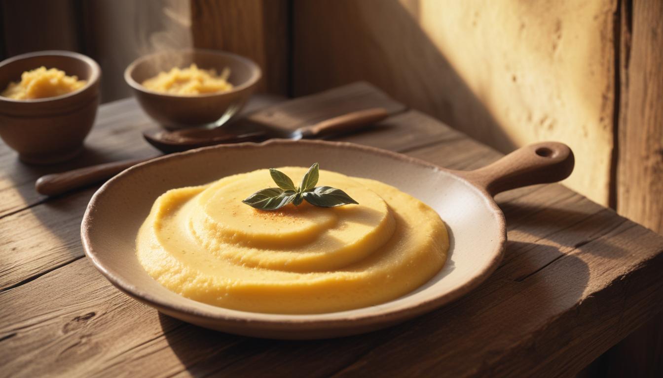 Creamy polenta with butter – A smooth, golden bowl of creamy polenta garnished with fresh herbs, served in a rustic wooden setting.