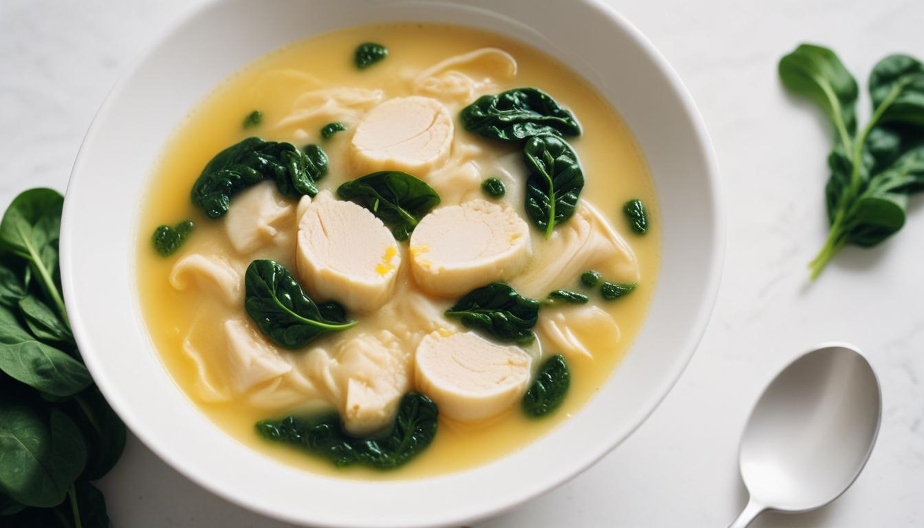 Homemade dumpling soup with spinach – A comforting bowl of dumpling soup with spinach, served in a light broth.