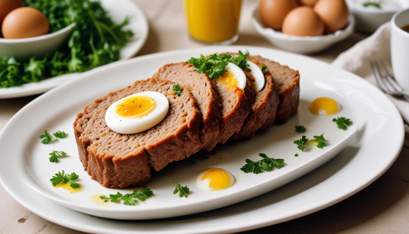 Stuffed meatloaf with eggs – A plate of perfectly sliced meatloaf with a hard-boiled egg center, garnished with fresh parsley.