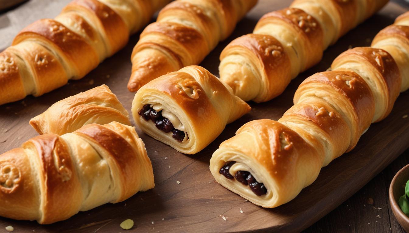 Chocolate-filled croissants – A wooden board filled with golden, flaky croissants stuffed with chocolate, fresh from the oven.