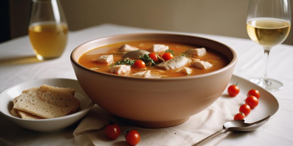 A bowl of vegetable soup with chunks of tofu, tomatoes, and fresh parsley.