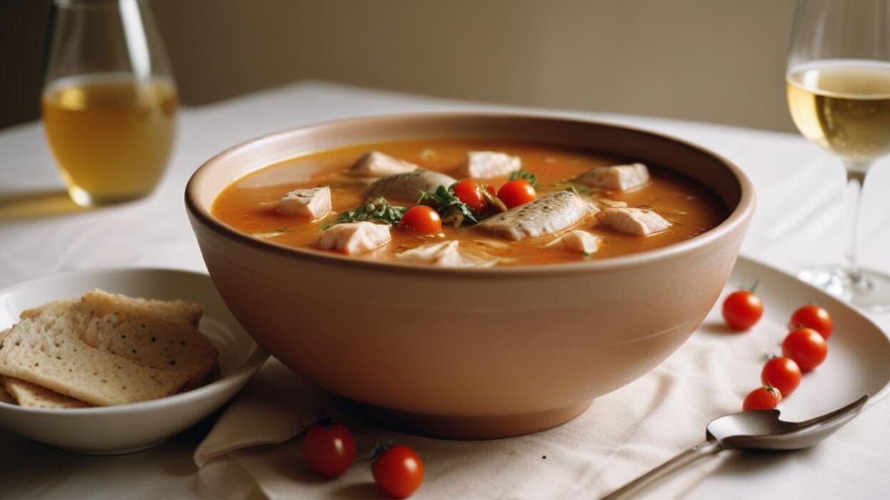 A bowl of vegetable soup with chunks of tofu, tomatoes, and fresh parsley.