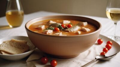 A bowl of vegetable soup with chunks of tofu, tomatoes, and fresh parsley.