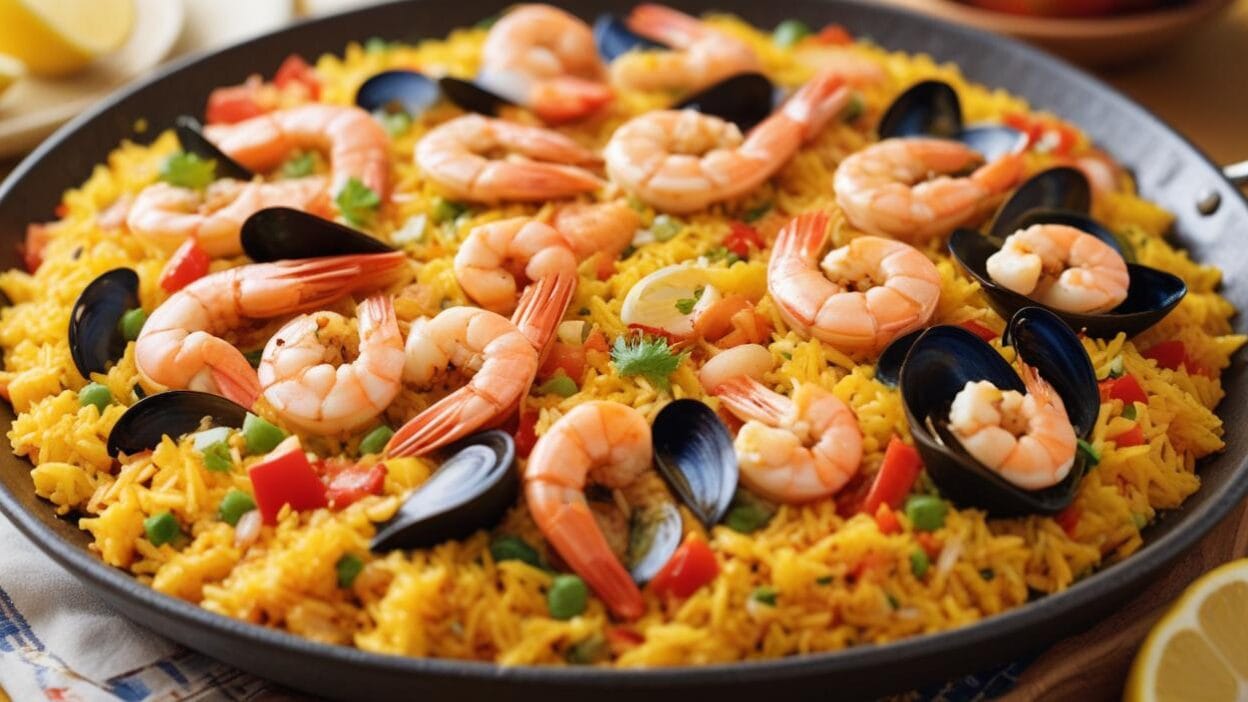 A pan of seafood paella with shrimp, mussels, and saffron-infused rice.