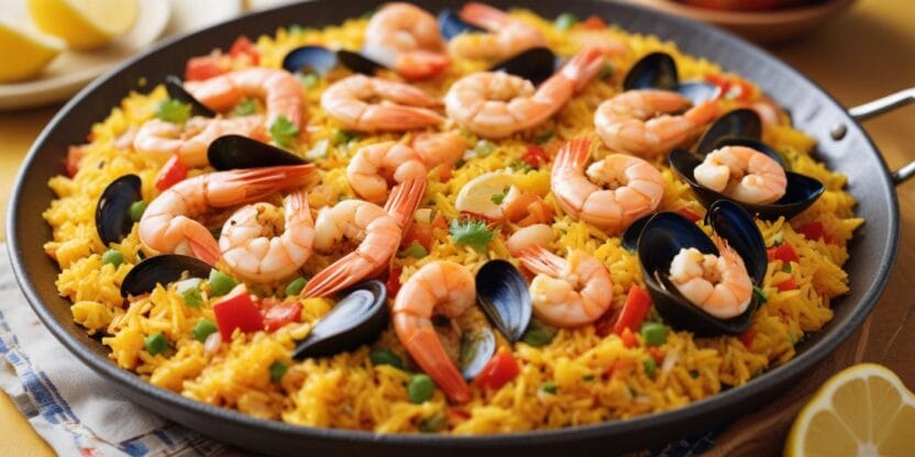 A pan of seafood paella with shrimp, mussels, and saffron-infused rice.