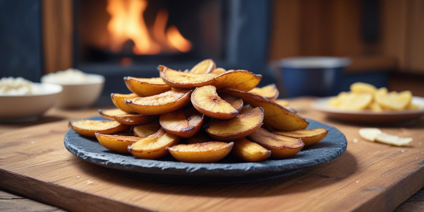 A plate of crispy roasted potato wedges served in front of a cozy fireplace.