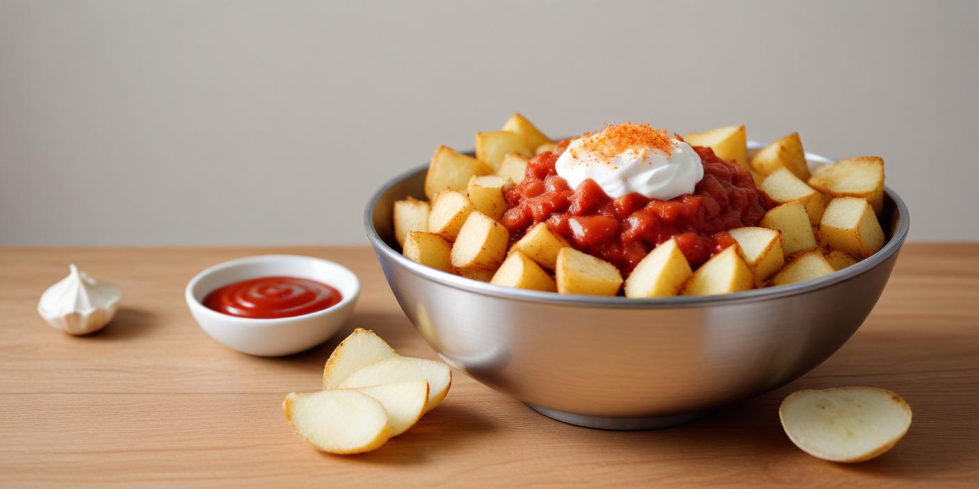 A bowl of patatas bravas, Spanish-style fried potatoes with spicy tomato sauce and aioli.