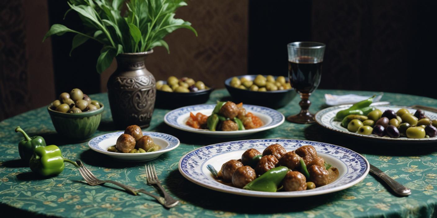 A Mediterranean-style dinner table with plates of meatballs, olives, and traditional dishes.