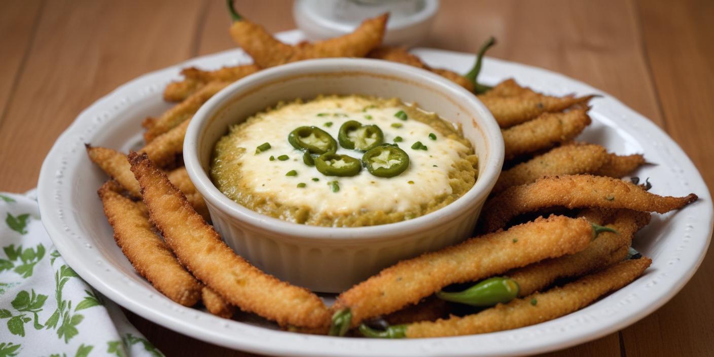 Bowl of cheesy dip topped with sliced jalapeños, served with crispy fried vegetables. BookOfFoods