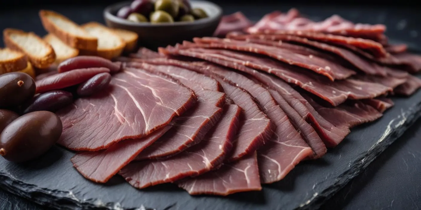 Thinly sliced cured meat arranged on a dark slate platter with olives. BookOfFoods