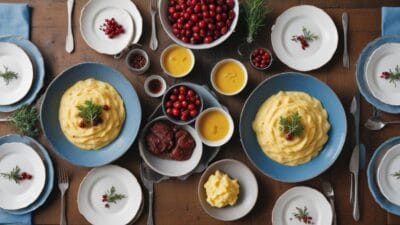 A variety of Nordic dishes including lingonberry sauce, mashed potatoes, and smoked meats arranged on a rustic table.