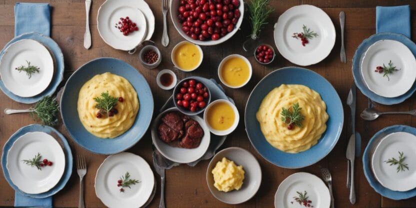 A variety of Nordic dishes including lingonberry sauce, mashed potatoes, and smoked meats arranged on a rustic table.