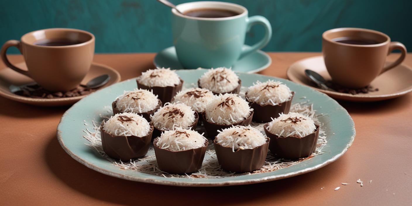 A plate of chocolate truffles dusted with cocoa powder, served with a cup of coffee.