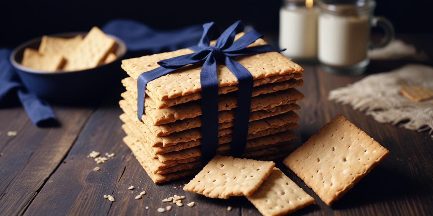 A stack of homemade crackers tied with a blue ribbon, placed on a rustic table.