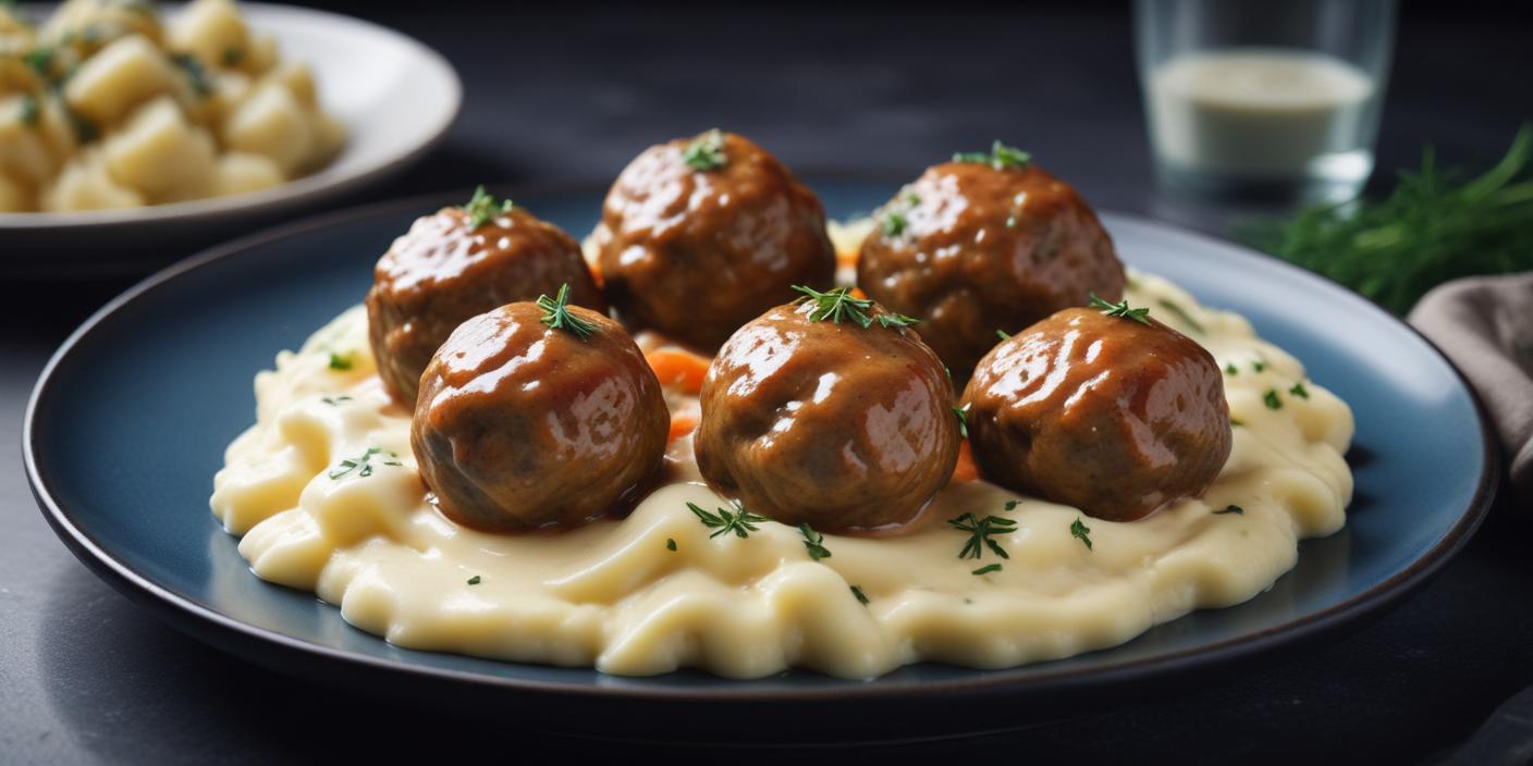 Juicy meatballs served over creamy mashed potatoes, garnished with thyme.