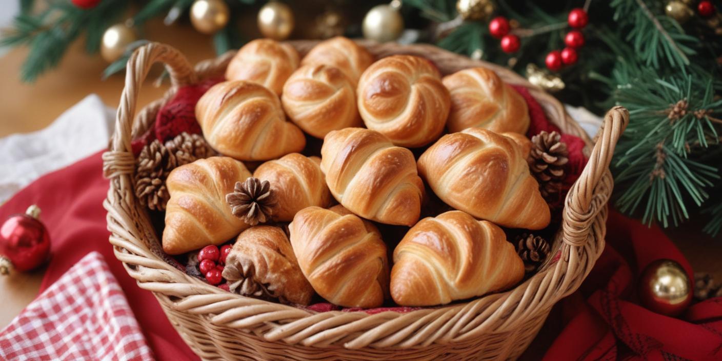 A basket filled with freshly baked bread rolls, arranged with festive decorations.