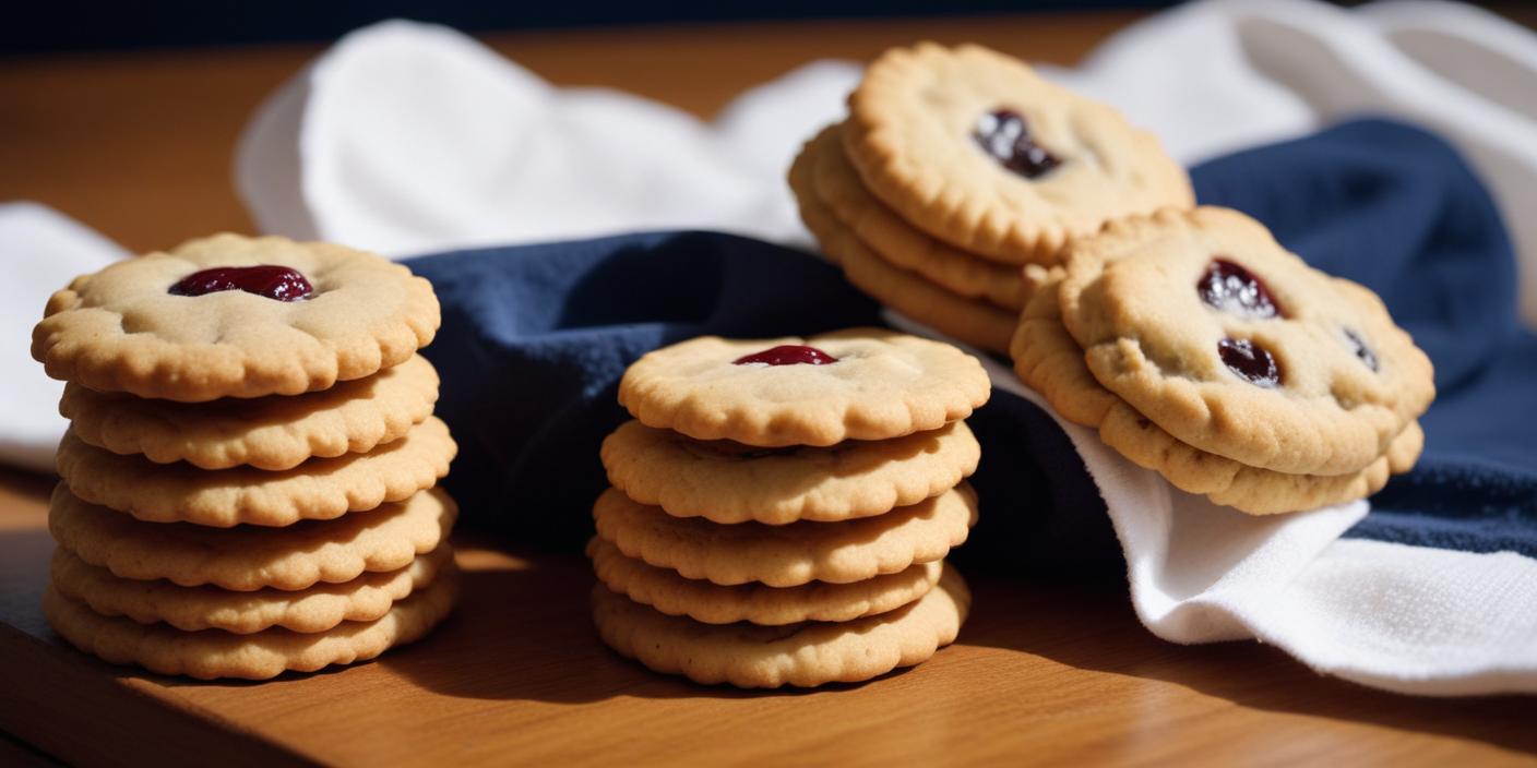 A stack of cookies filled with jam, placed on a wooden table.