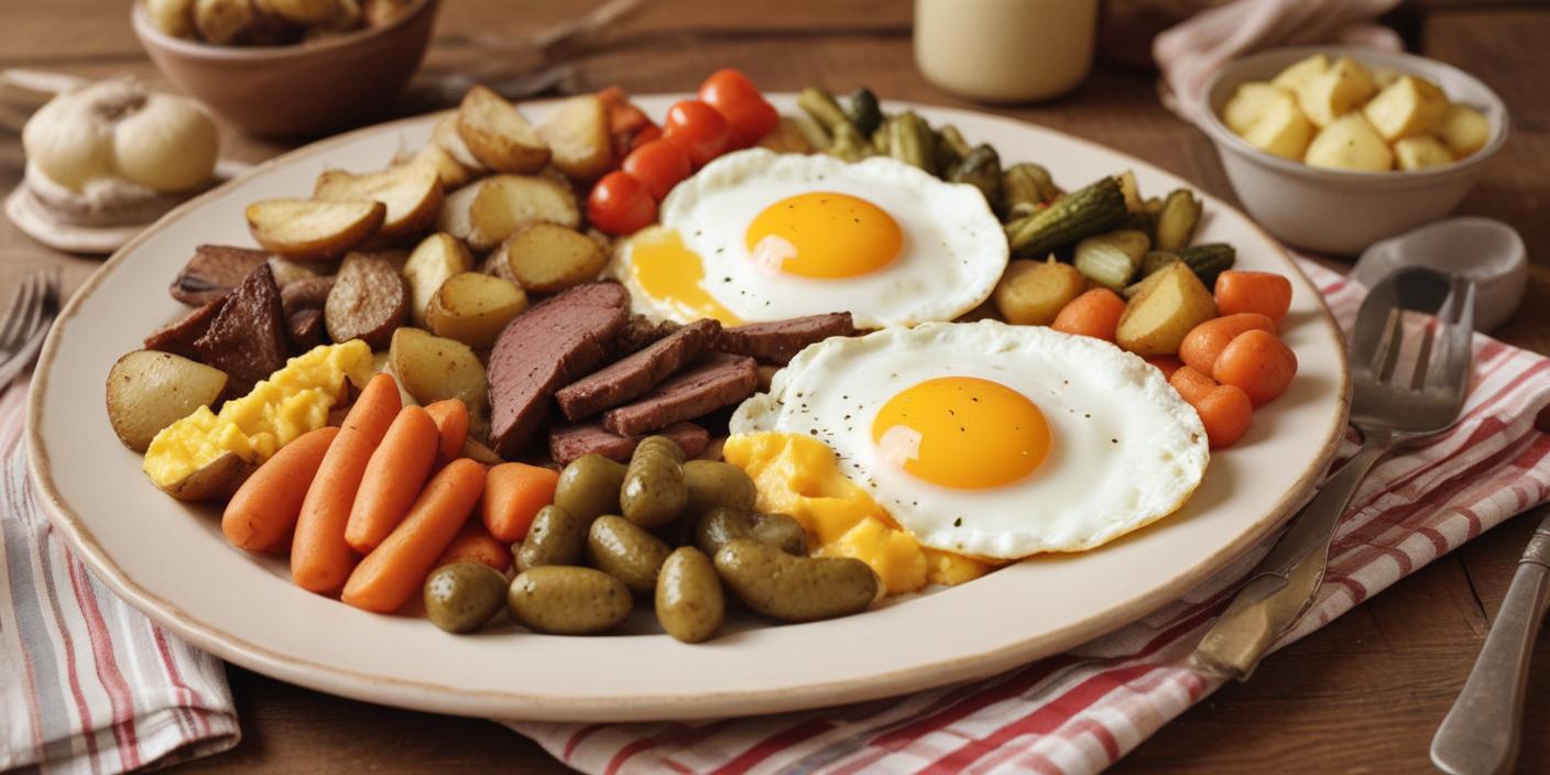 A hearty breakfast plate with fried eggs, sausages, vegetables, and potatoes.