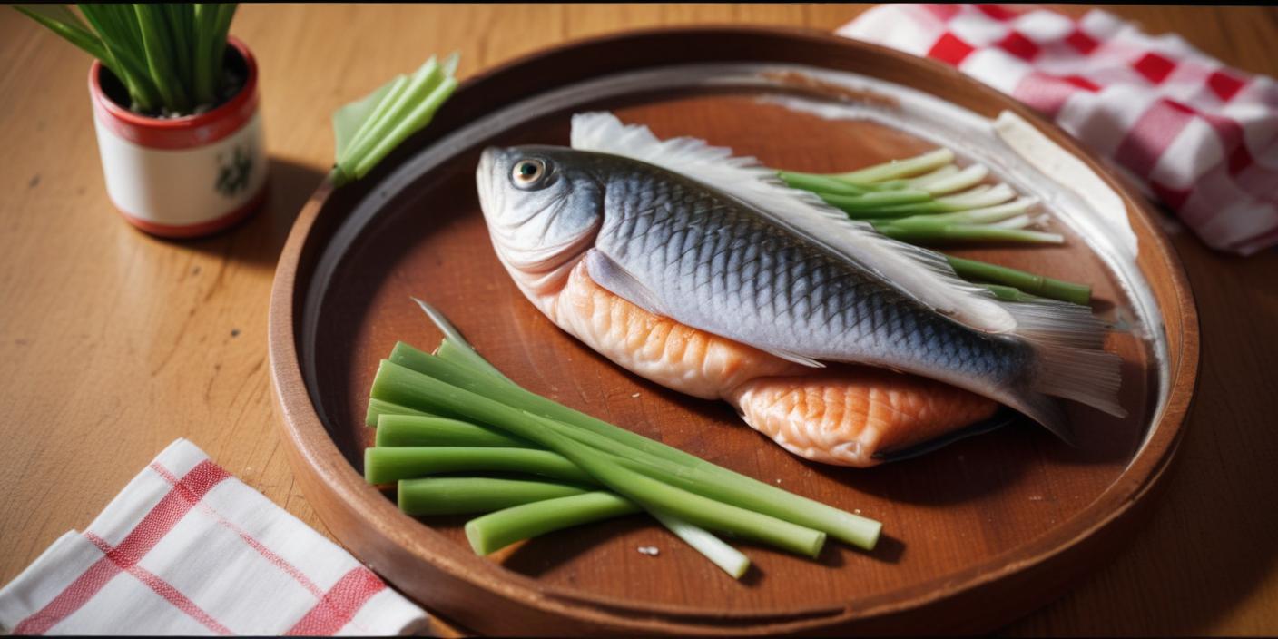 A whole fish served on a wooden plate with steamed green beans and lemon slices.