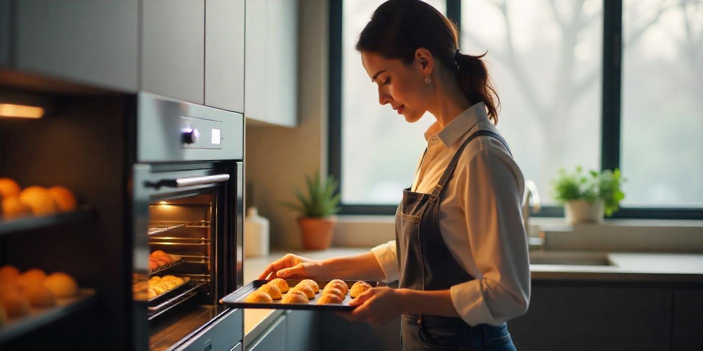 A woman in an apron placing freshly baked pastries into the oven.