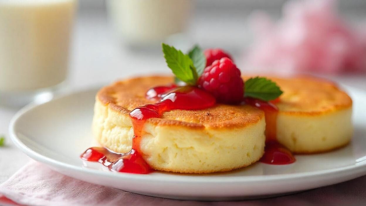 Fluffy ricotta pancakes drizzled with raspberry sauce and garnished with fresh mint leaves.