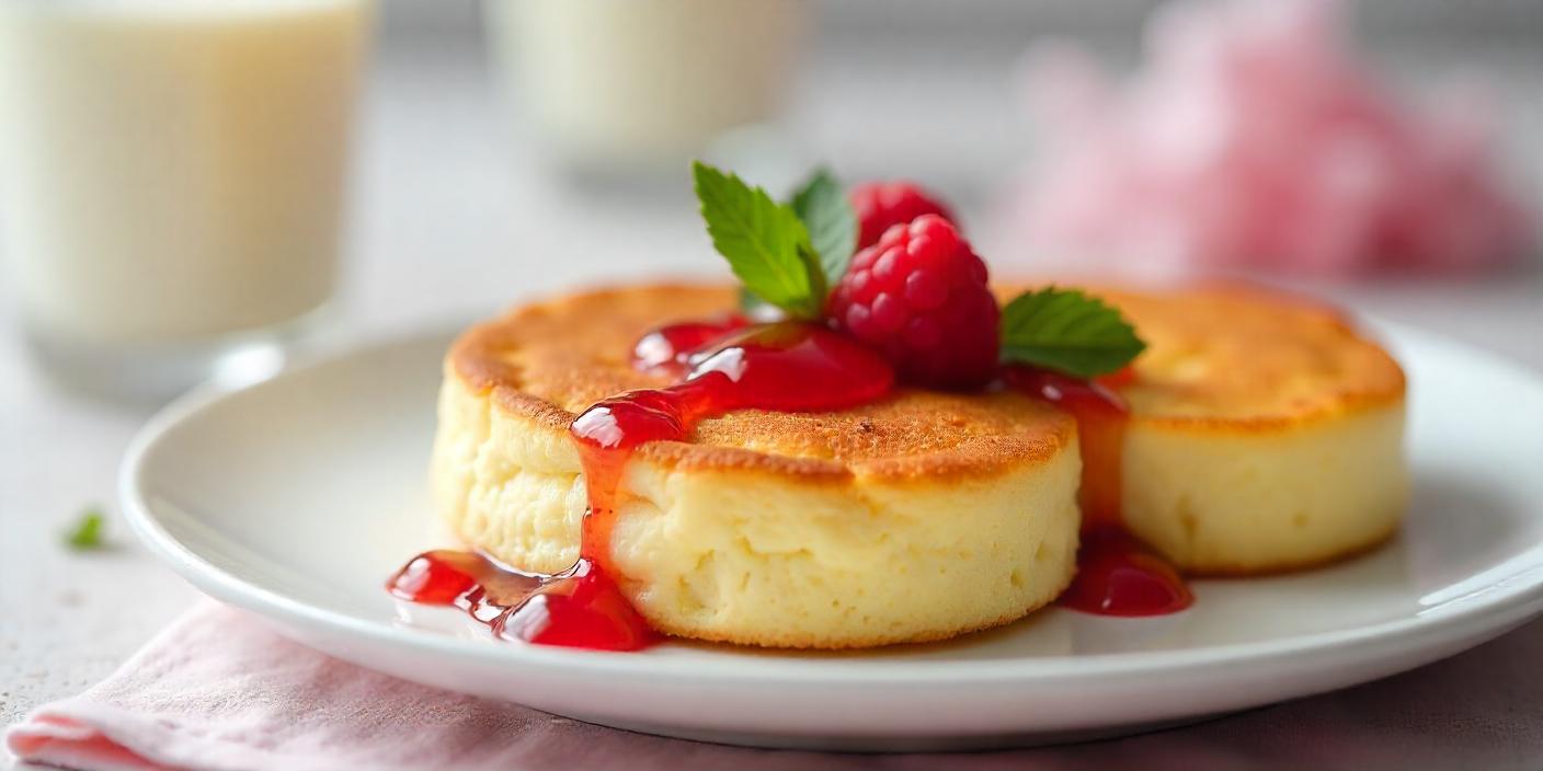 Fluffy ricotta pancakes drizzled with raspberry sauce and garnished with fresh mint leaves.