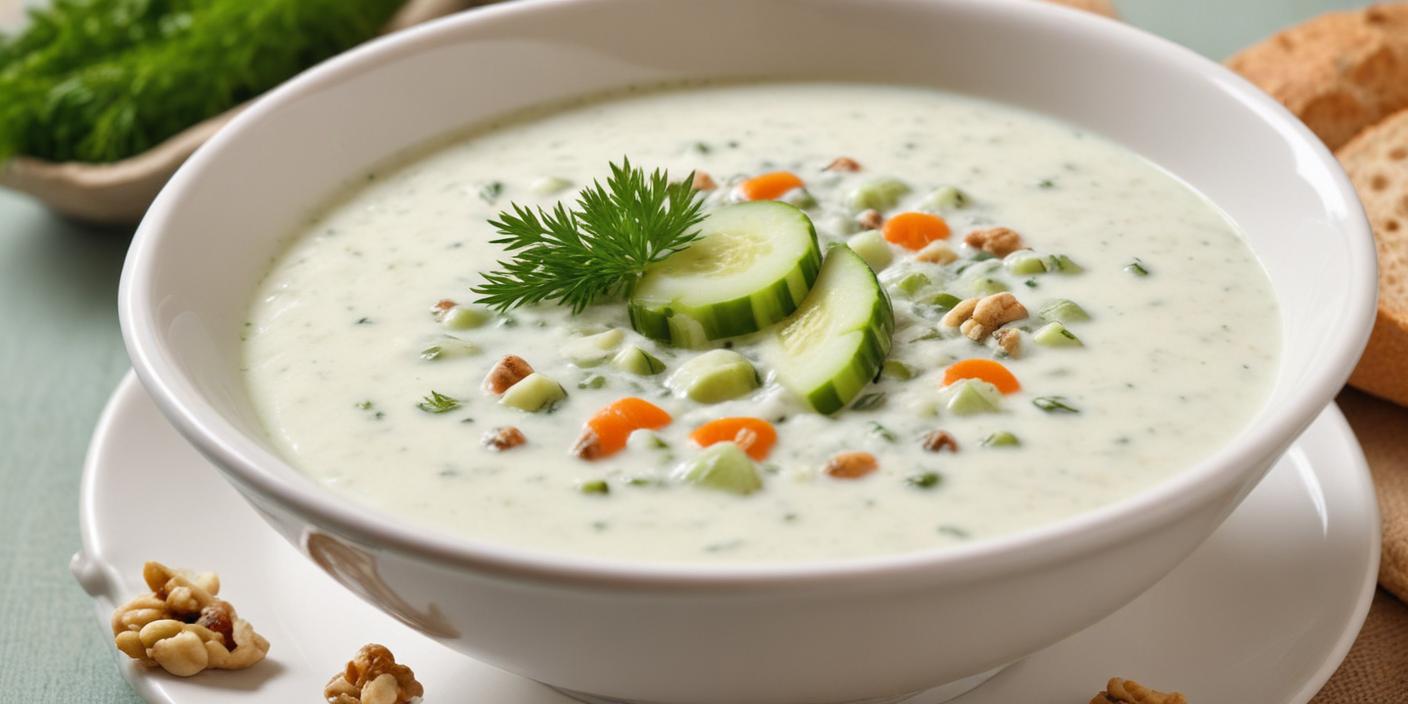 Chilled creamy cucumber soup garnished with avocado slices and fresh dill. BookOfFoods