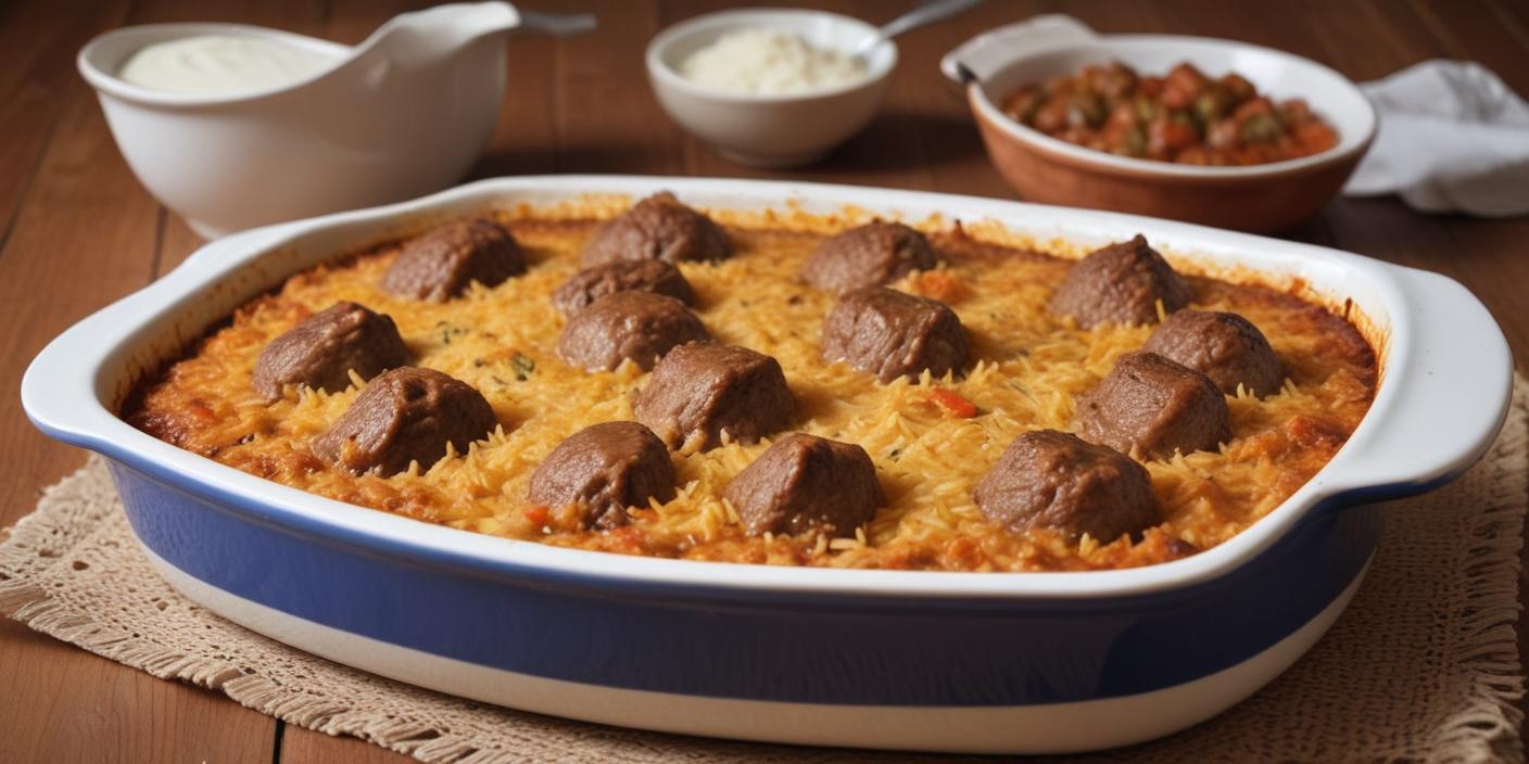 Baked rice dish with chunks of meat in a blue casserole dish. BookOfFoods