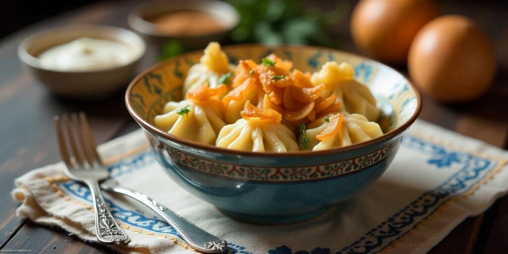 A bowl of steamed dumplings topped with fried onions and served with a side of sauce.