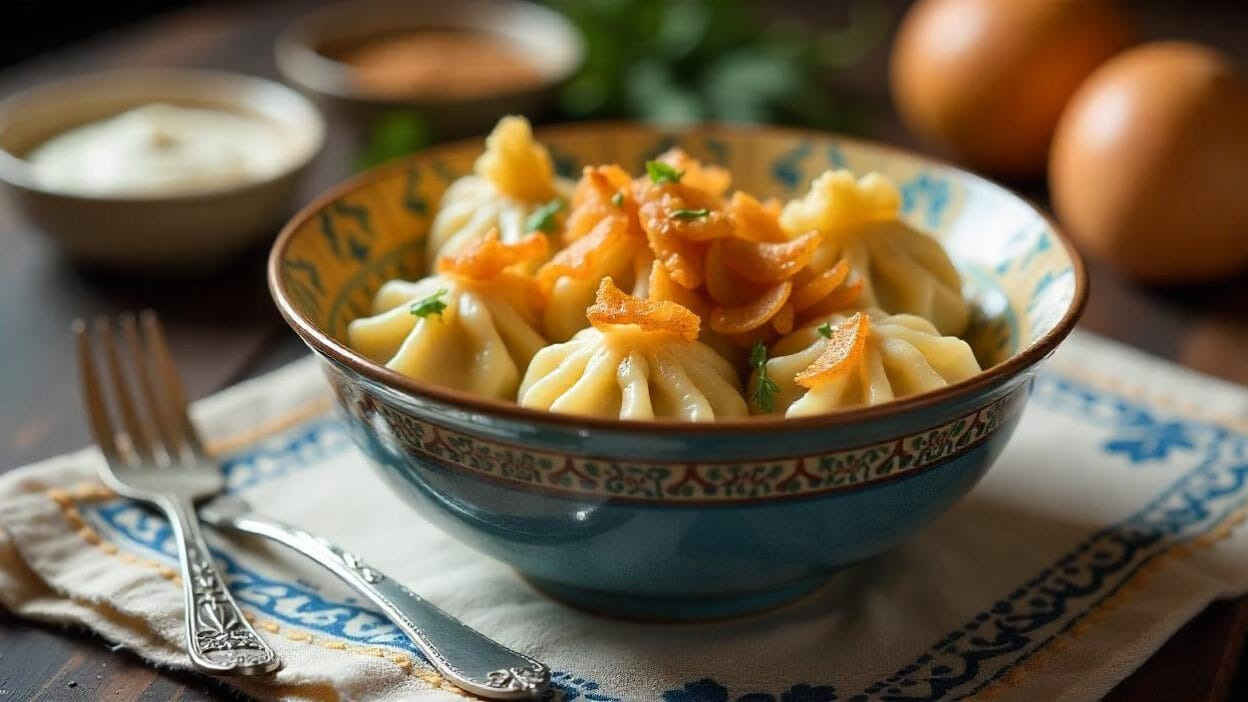 A bowl of steamed dumplings topped with fried onions and served with a side of sauce.