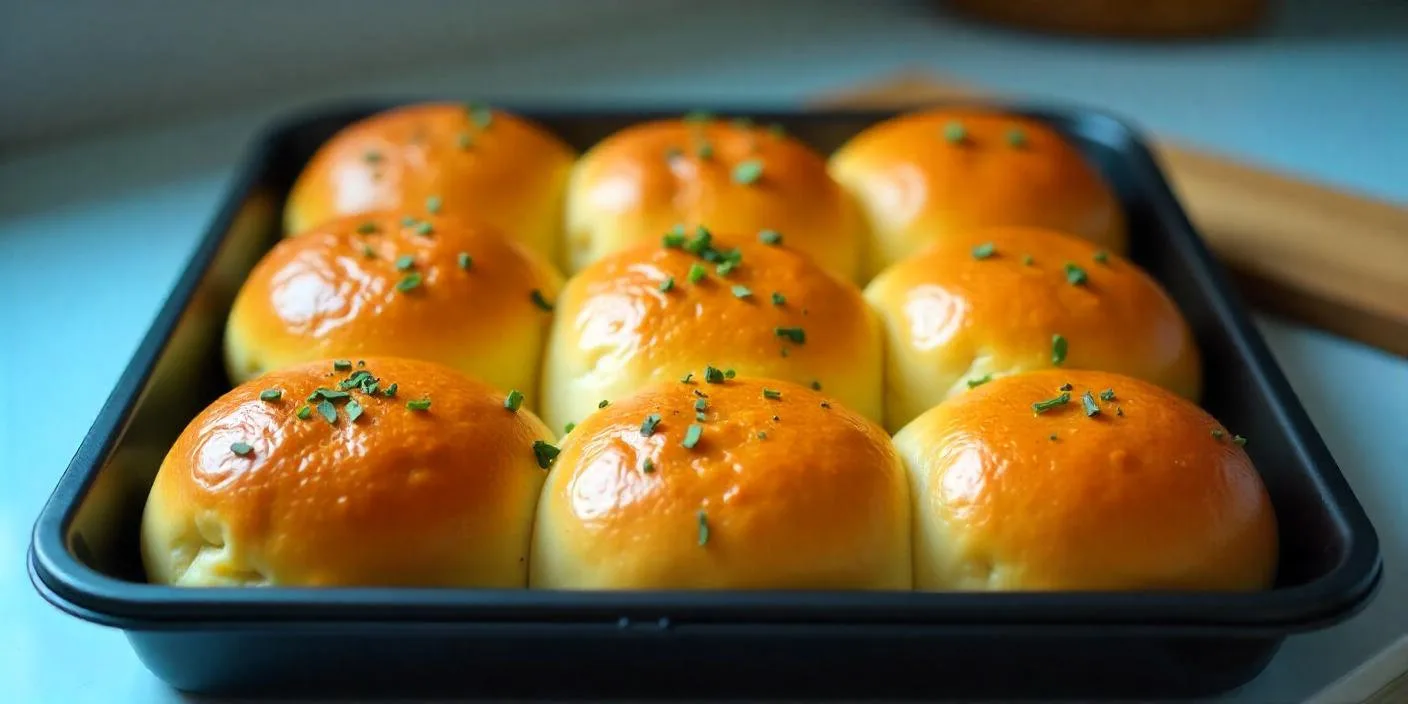 A tray of freshly baked golden dinner rolls garnished with herbs.