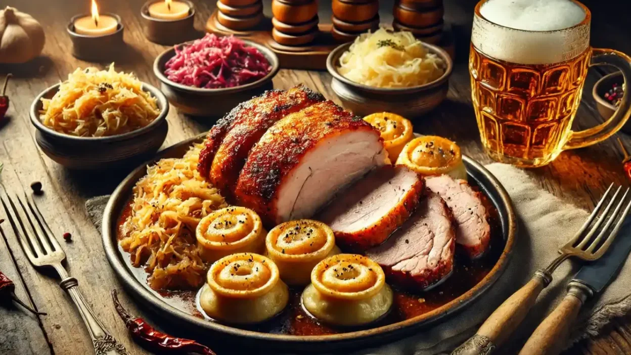 Sliced roasted pork served with sauerkraut and potatoes, accompanied by beer. BookOfFoods
