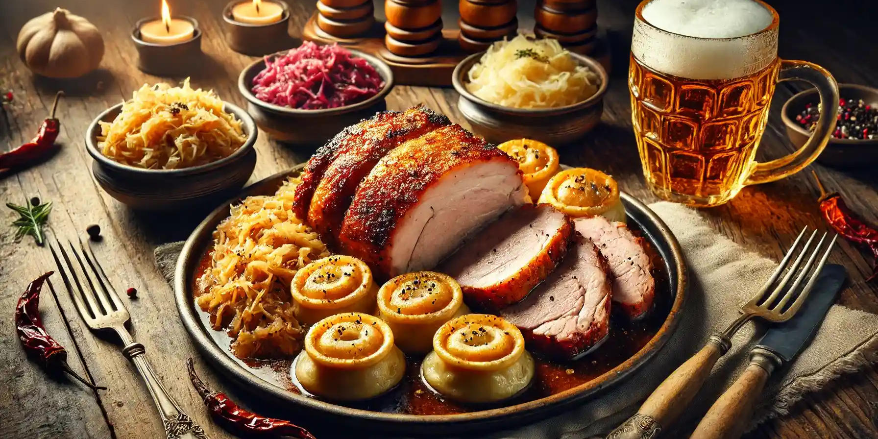 Sliced roasted pork served with sauerkraut and potatoes, accompanied by beer. BookOfFoods