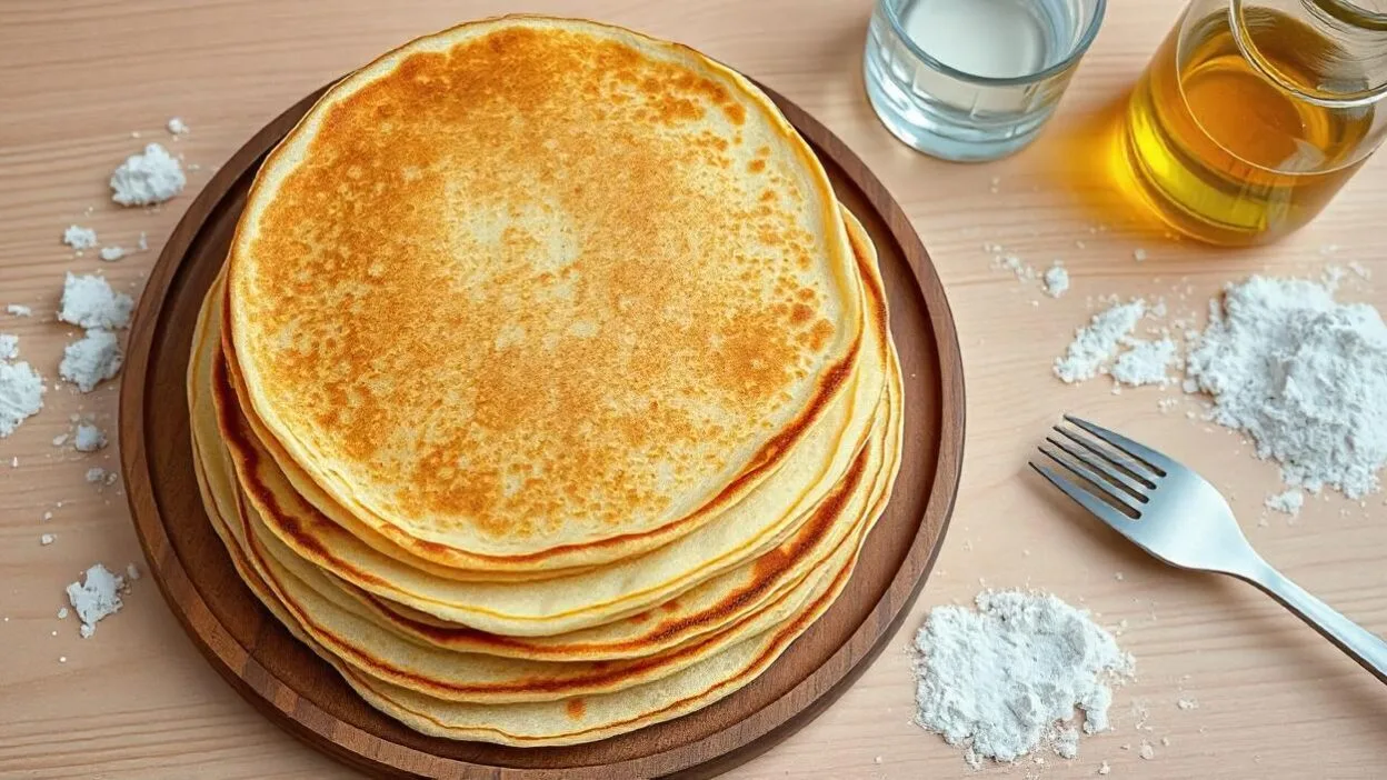 A stack of golden pancakes served on a wooden plate with milk and flour nearby.