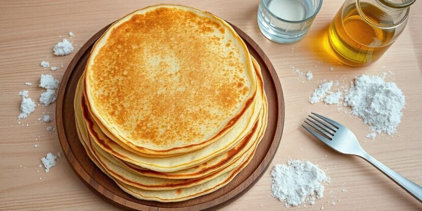 A stack of golden pancakes served on a wooden plate with milk and flour nearby.