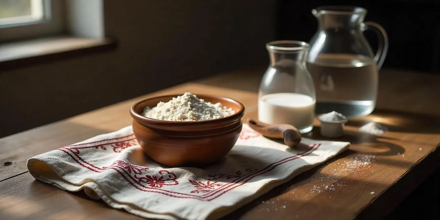 A rustic wooden bowl filled with flour, surrounded by kitchen ingredients.
