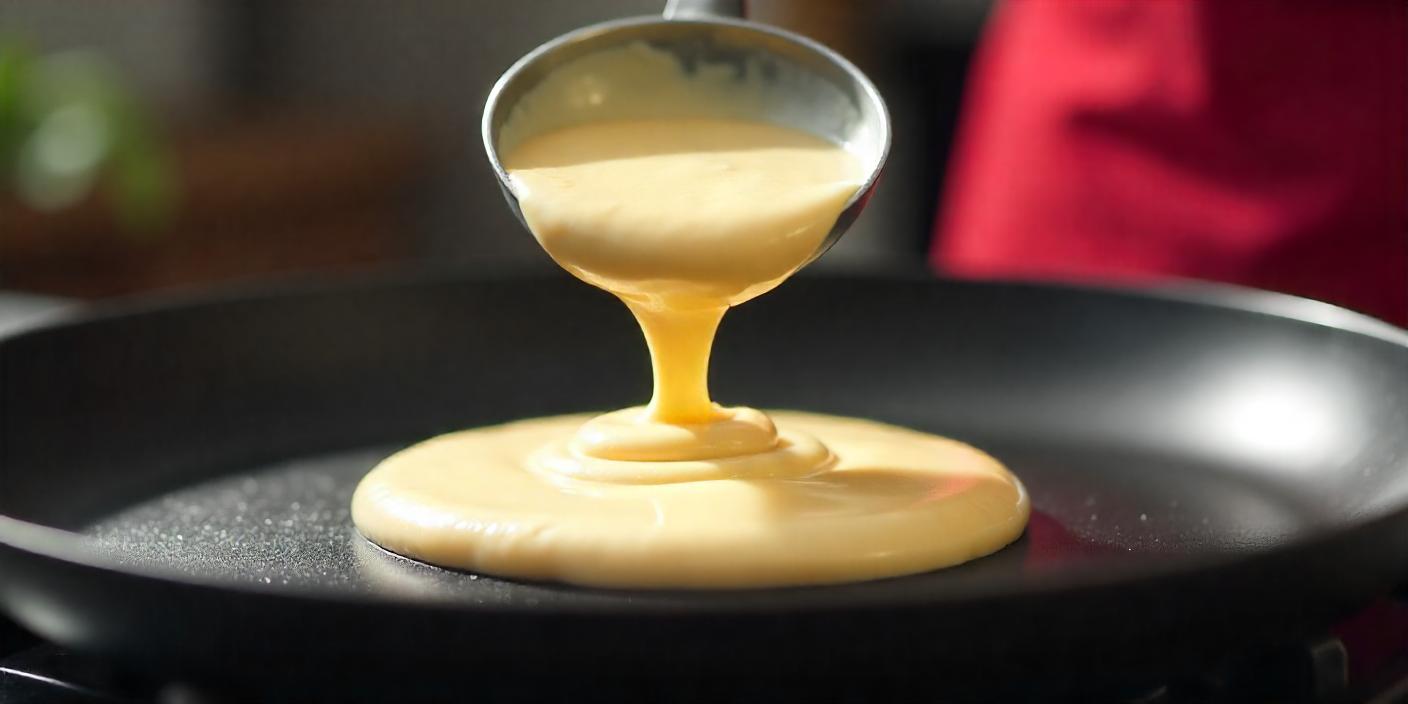 Smooth vanilla custard being poured from a glass container onto a surface.