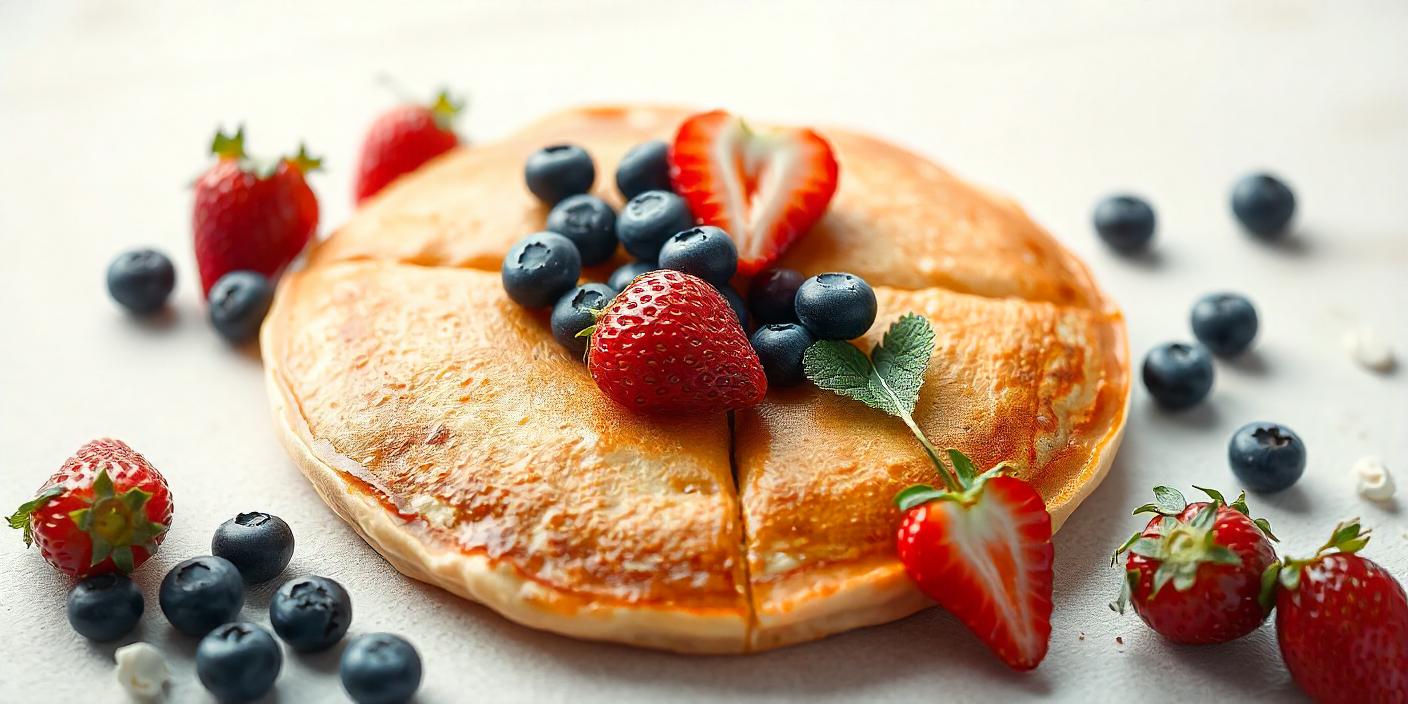 Thick pancake topped with strawberries and blueberries, cut into slices.